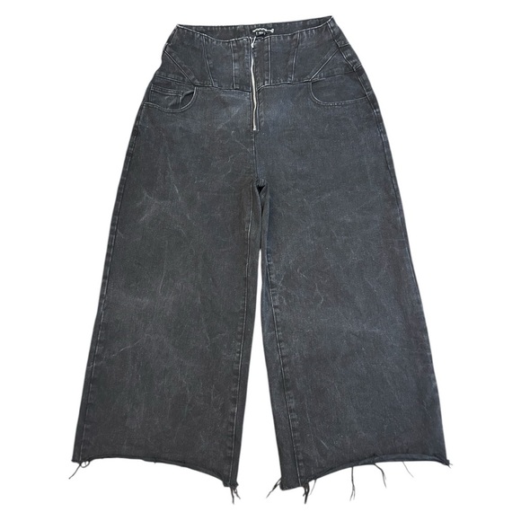 Pretty Little Thing Black/Grey Acid Wash Jeans High Waisted Wide Leg grunge - Picture 1 of 8